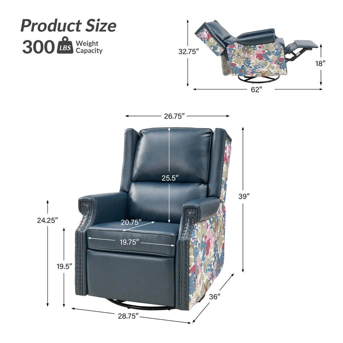 Amelia Transitional PU Leather with Floral Stitching Design Swivel Rocker Recliner by HULALA HOME
