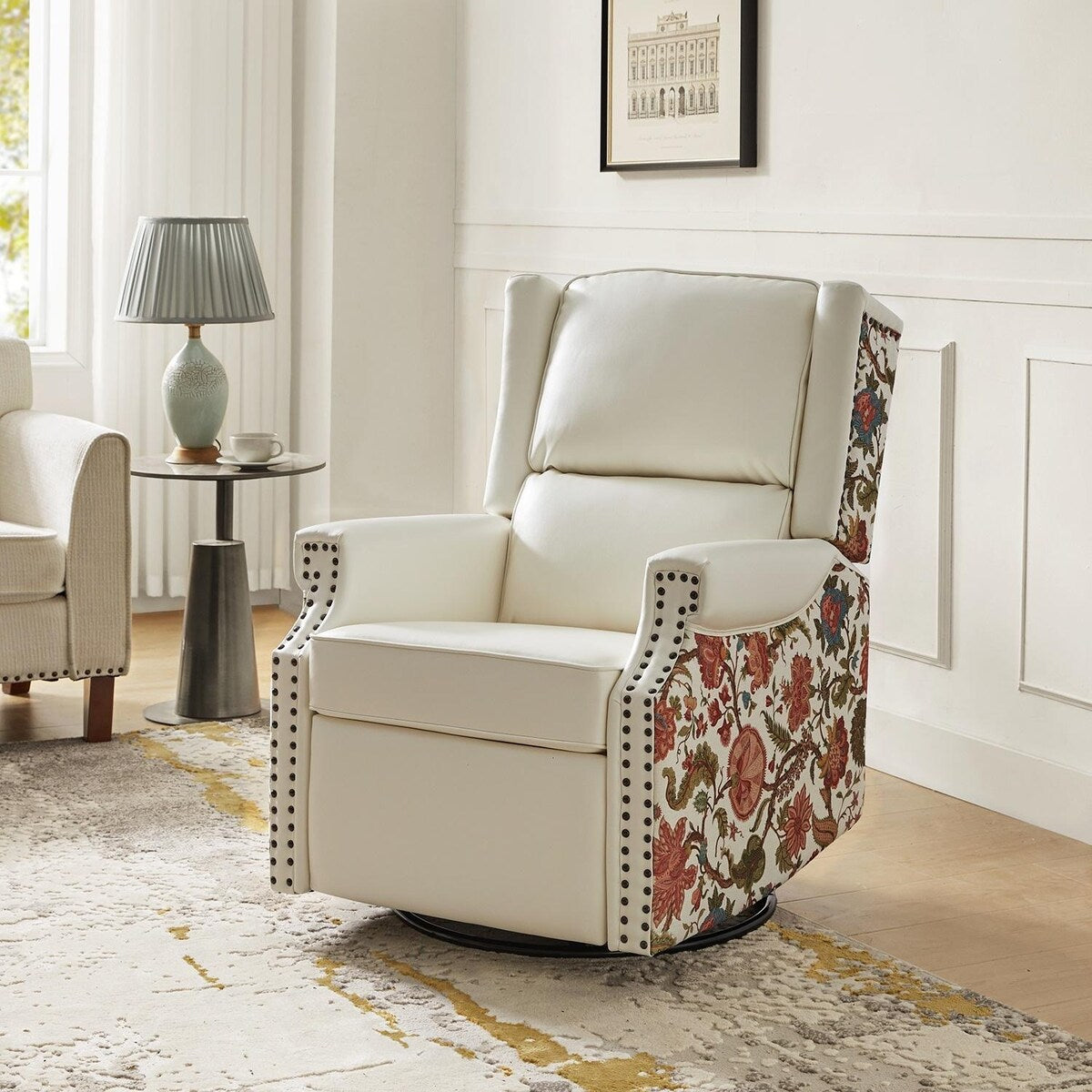 Amelia Transitional PU Leather with Floral Stitching Design Swivel Rocker Recliner by HULALA HOME