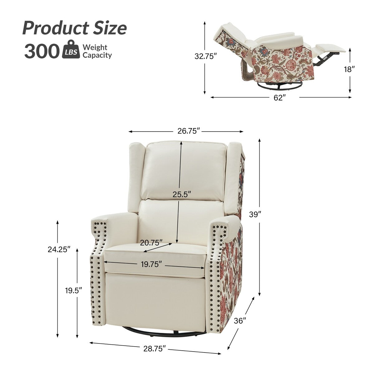Amelia Transitional PU Leather with Floral Stitching Design Swivel Rocker Recliner by HULALA HOME