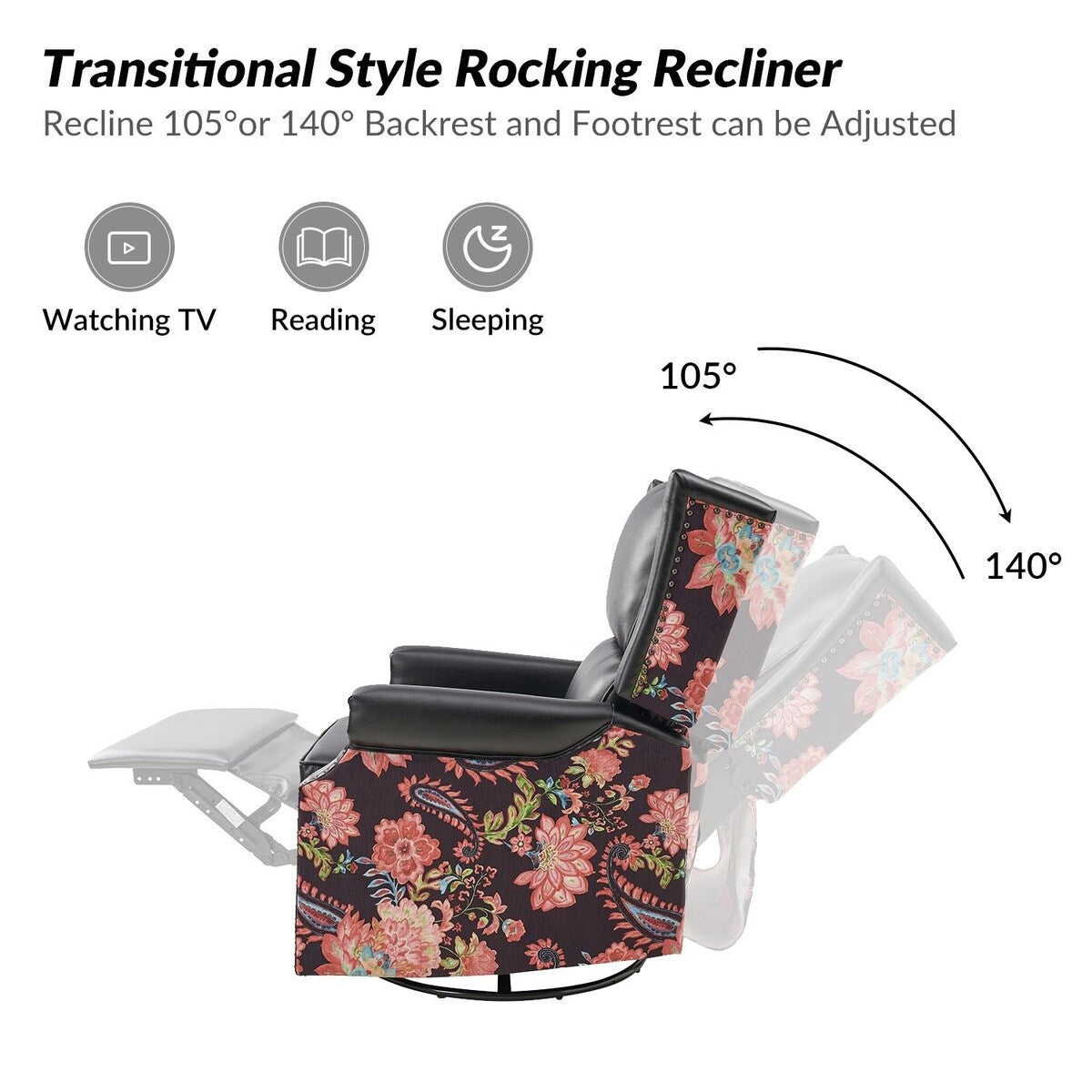Amelia Transitional PU Leather with Floral Stitching Design Swivel Rocker Recliner by HULALA HOME