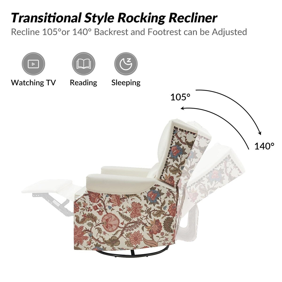 Amelia Transitional PU Leather with Floral Stitching Design Swivel Rocker Recliner by HULALA HOME