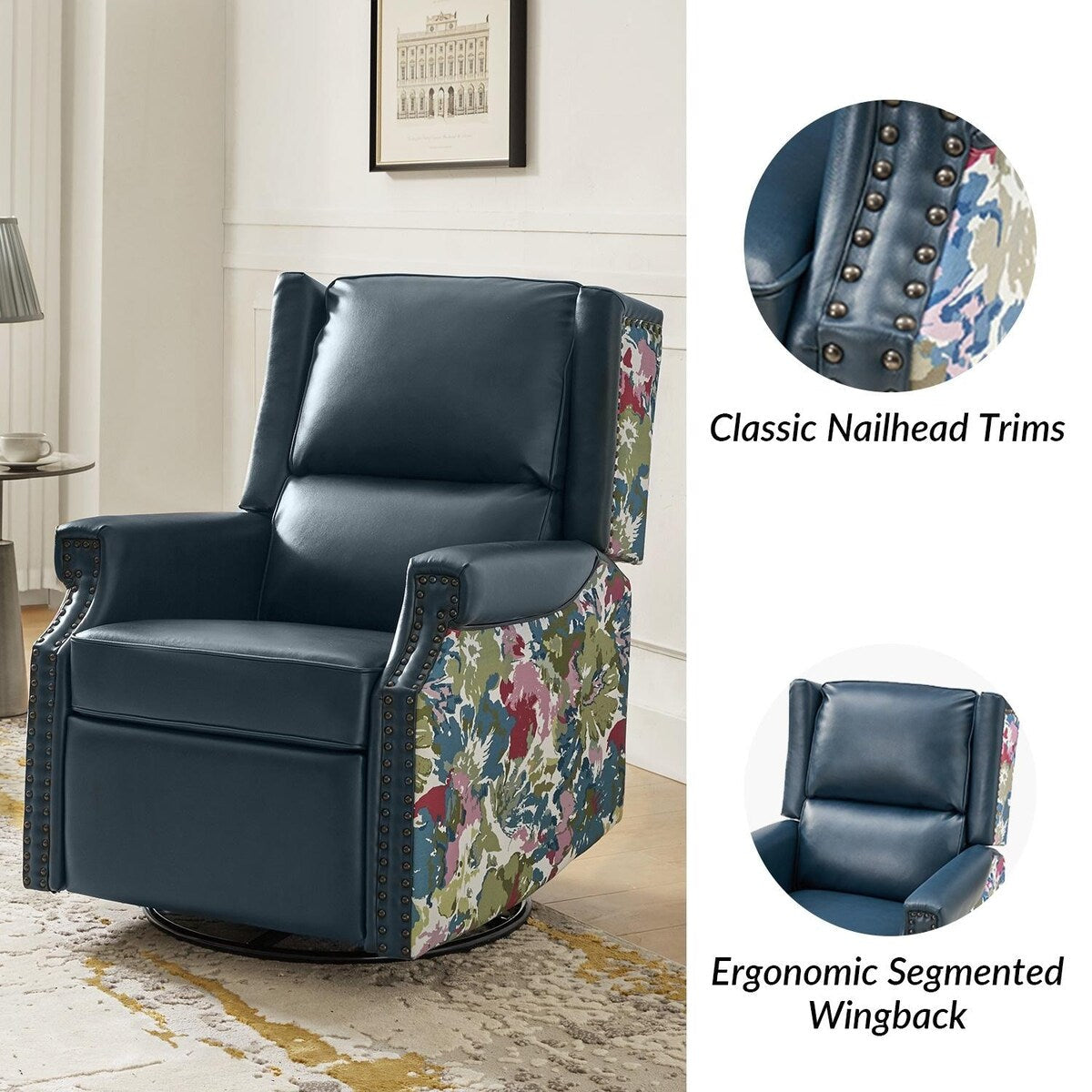 Amelia Transitional PU Leather with Floral Stitching Design Swivel Rocker Recliner by HULALA HOME
