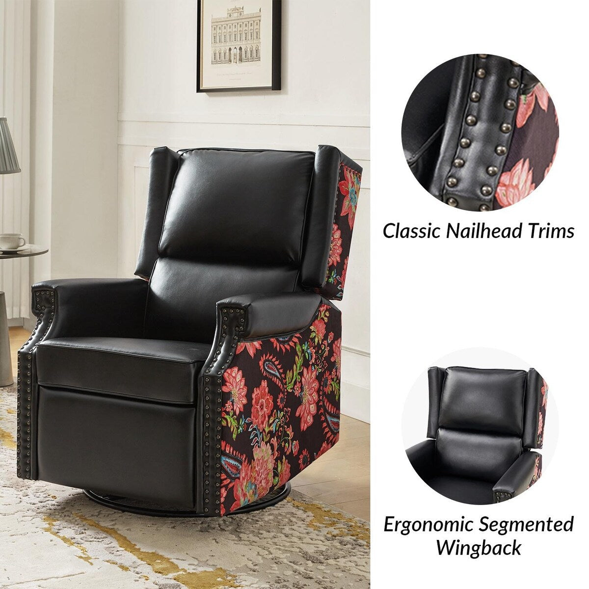 Amelia Transitional PU Leather with Floral Stitching Design Swivel Rocker Recliner by HULALA HOME