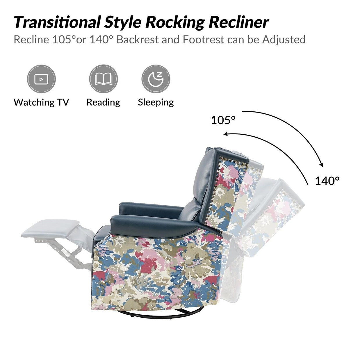 Amelia Transitional PU Leather with Floral Stitching Design Swivel Rocker Recliner by HULALA HOME