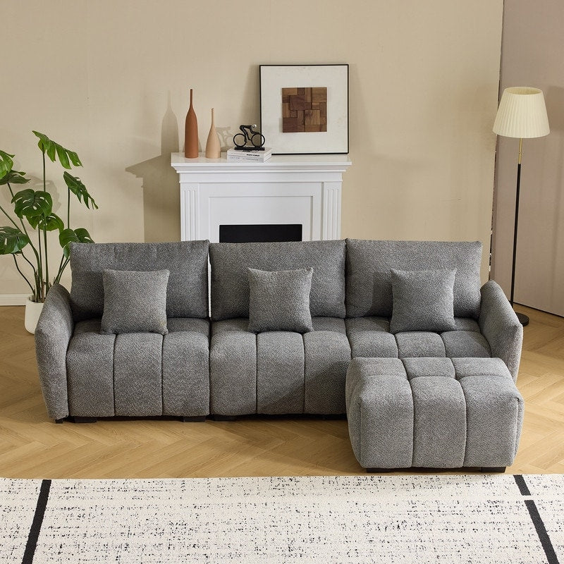 American Tufed Boucle Sofa with Ottoman - 3 Seat 1 Ottoman