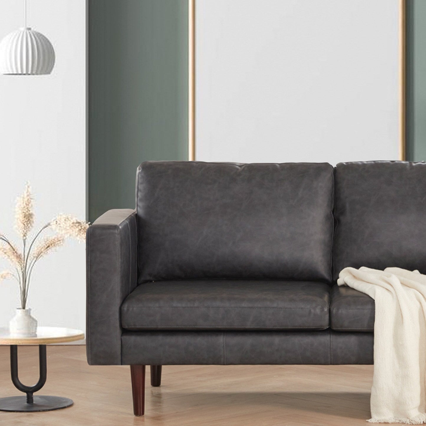Antique Black Mid Century Modern 65 Faux leather Loveseat Sofas Solid Wooden Frame and Padded Cushion for Living Room