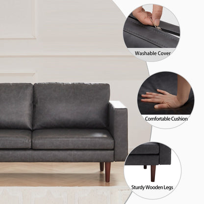 Antique Black Mid Century Modern 65 Faux leather Loveseat Sofas Solid Wooden Frame and Padded Cushion for Living Room