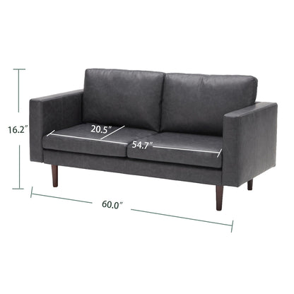 Antique Black Mid Century Modern 65 Faux leather Loveseat Sofas Solid Wooden Frame and Padded Cushion for Living Room