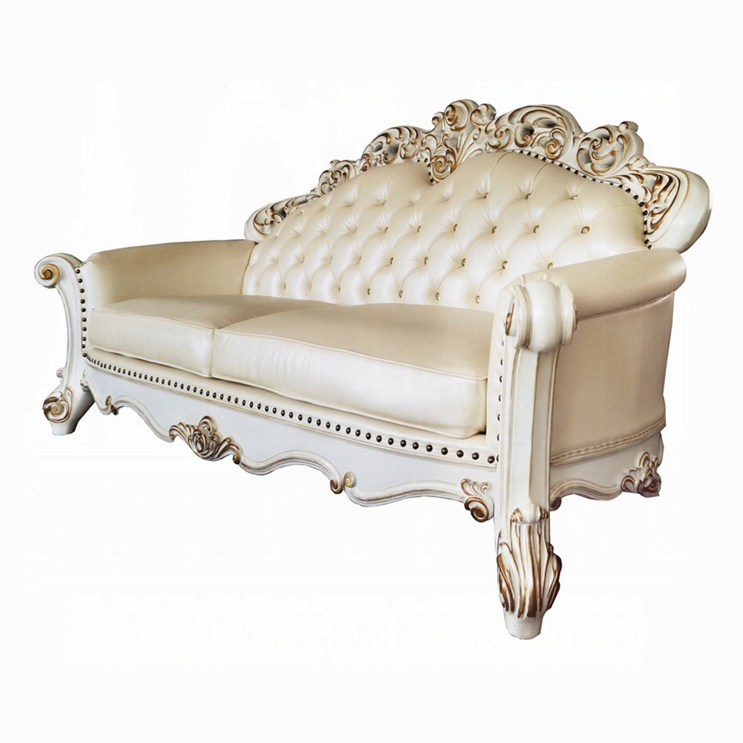 Antoine Sofa, 5 Pillows, Champagne Faux Leather, Pearl White, 96 Inch
