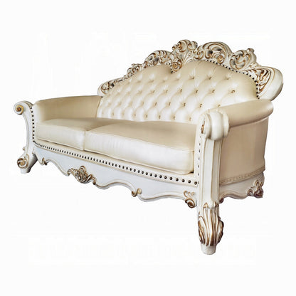 Antoine Sofa, 5 Pillows, Champagne Faux Leather, Pearl White, 96 Inch