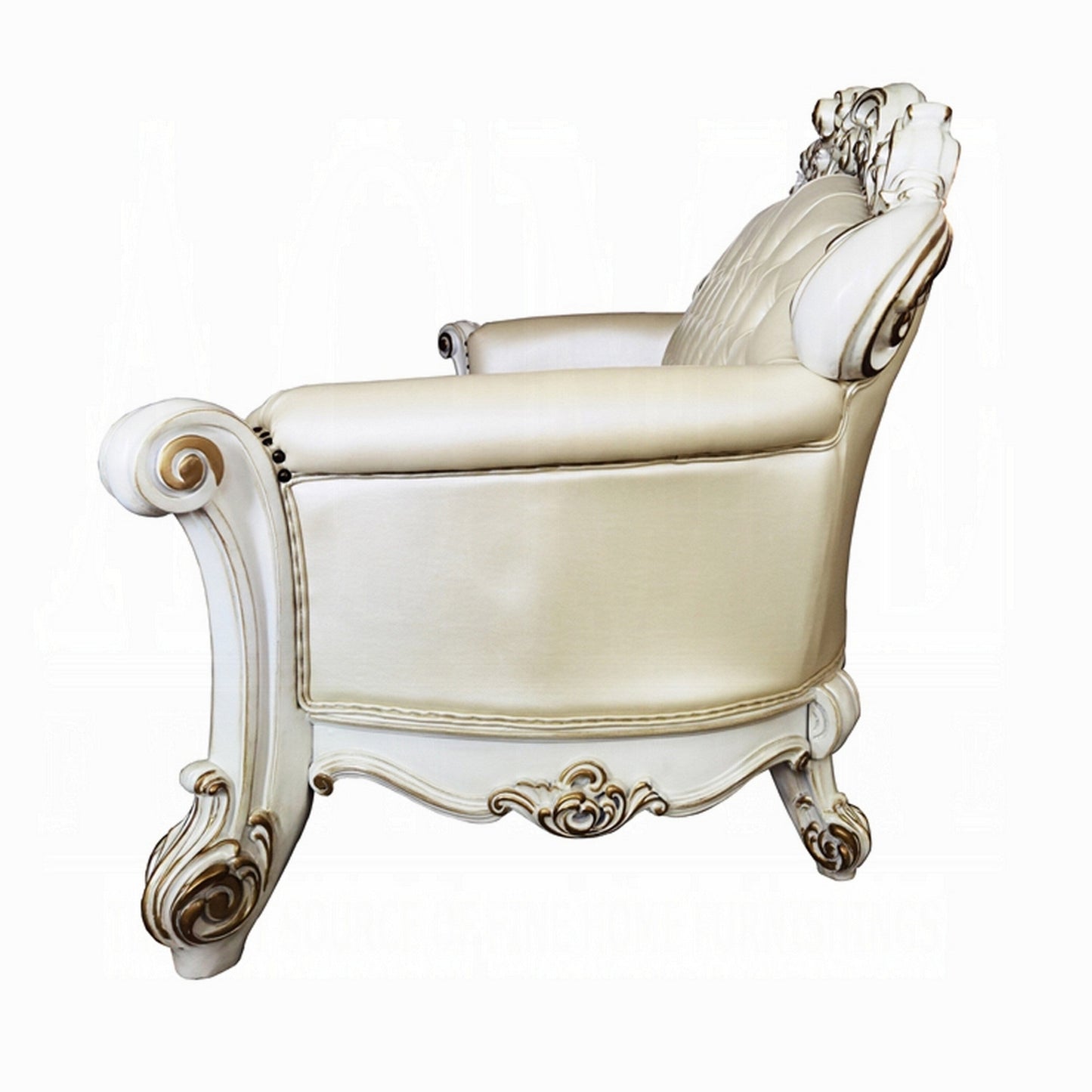 Antoine Sofa, 5 Pillows, Champagne Faux Leather, Pearl White, 96 Inch