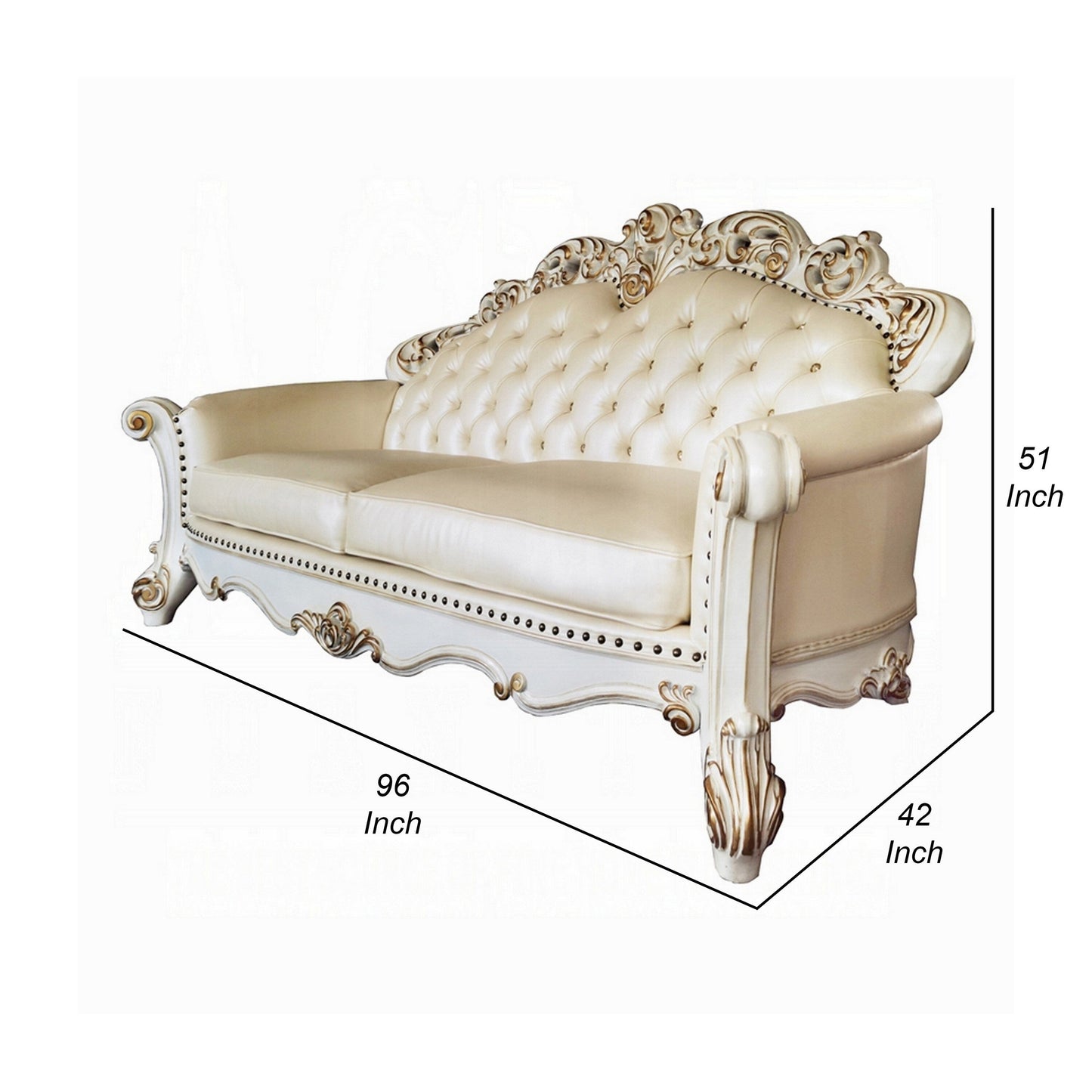 Antoine Sofa, 5 Pillows, Champagne Faux Leather, Pearl White, 96 Inch