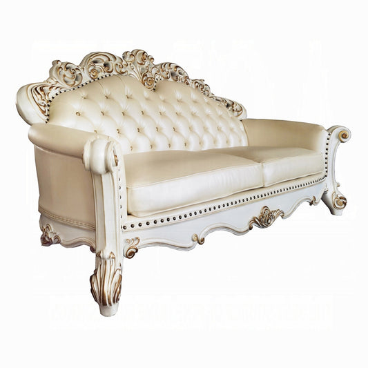 Antoine Sofa, 5 Pillows, Champagne Faux Leather, Pearl White, 96 Inch