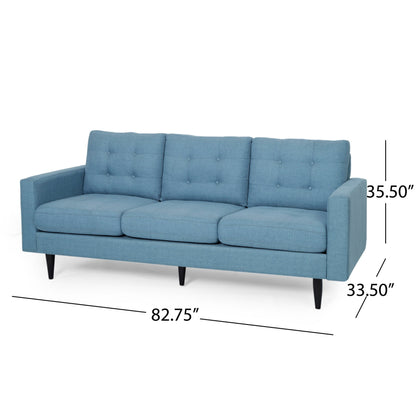 Apex Sofa, 3 Seater, 83 Inch, Button Tufted, Light Blue Fabric, Black
