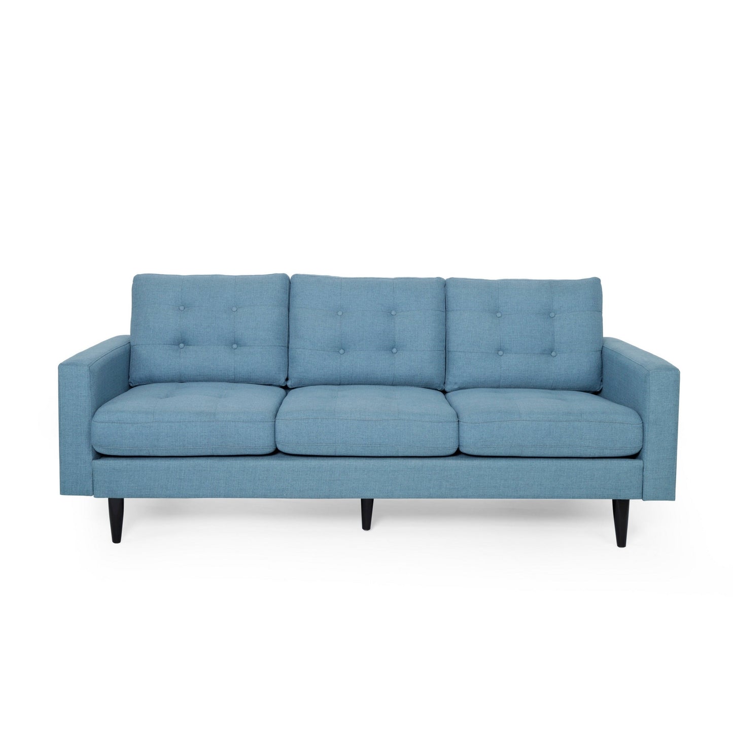 Apex Sofa, 3 Seater, 83 Inch, Button Tufted, Light Blue Fabric, Black