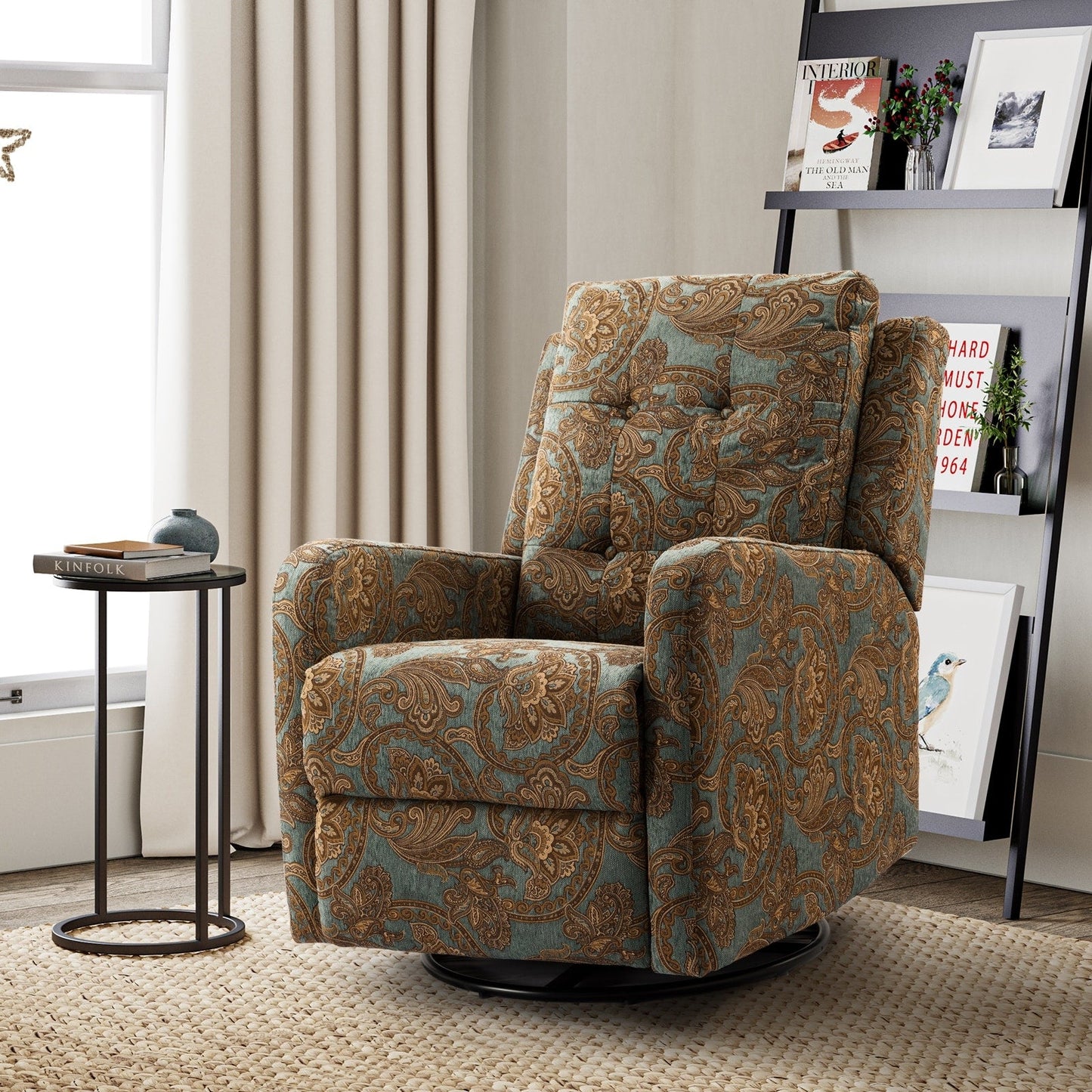Arlette Contemporary Floral Manual Swivel Recliner with Tufted Back