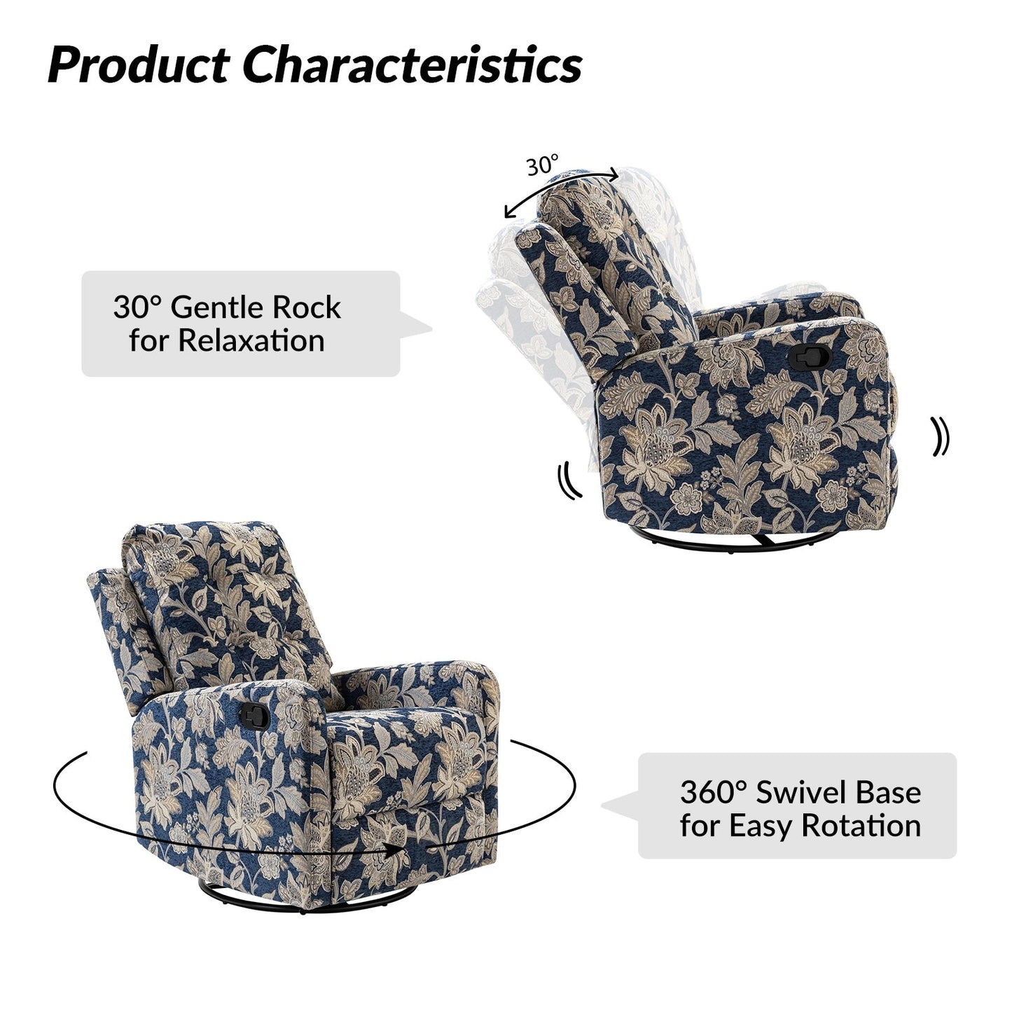 Arlette Contemporary Floral Manual Swivel Recliner with Tufted Back