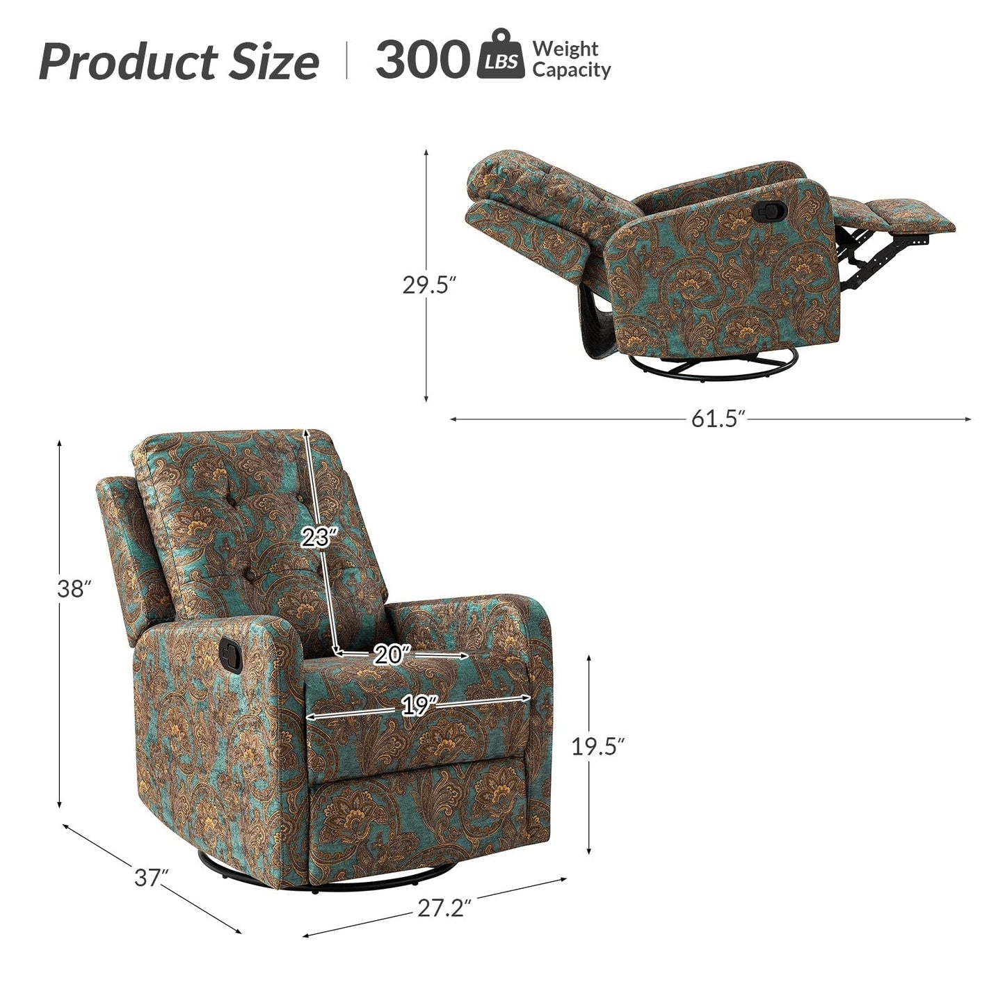 Arlette Contemporary Floral Manual Swivel Recliner with Tufted Back