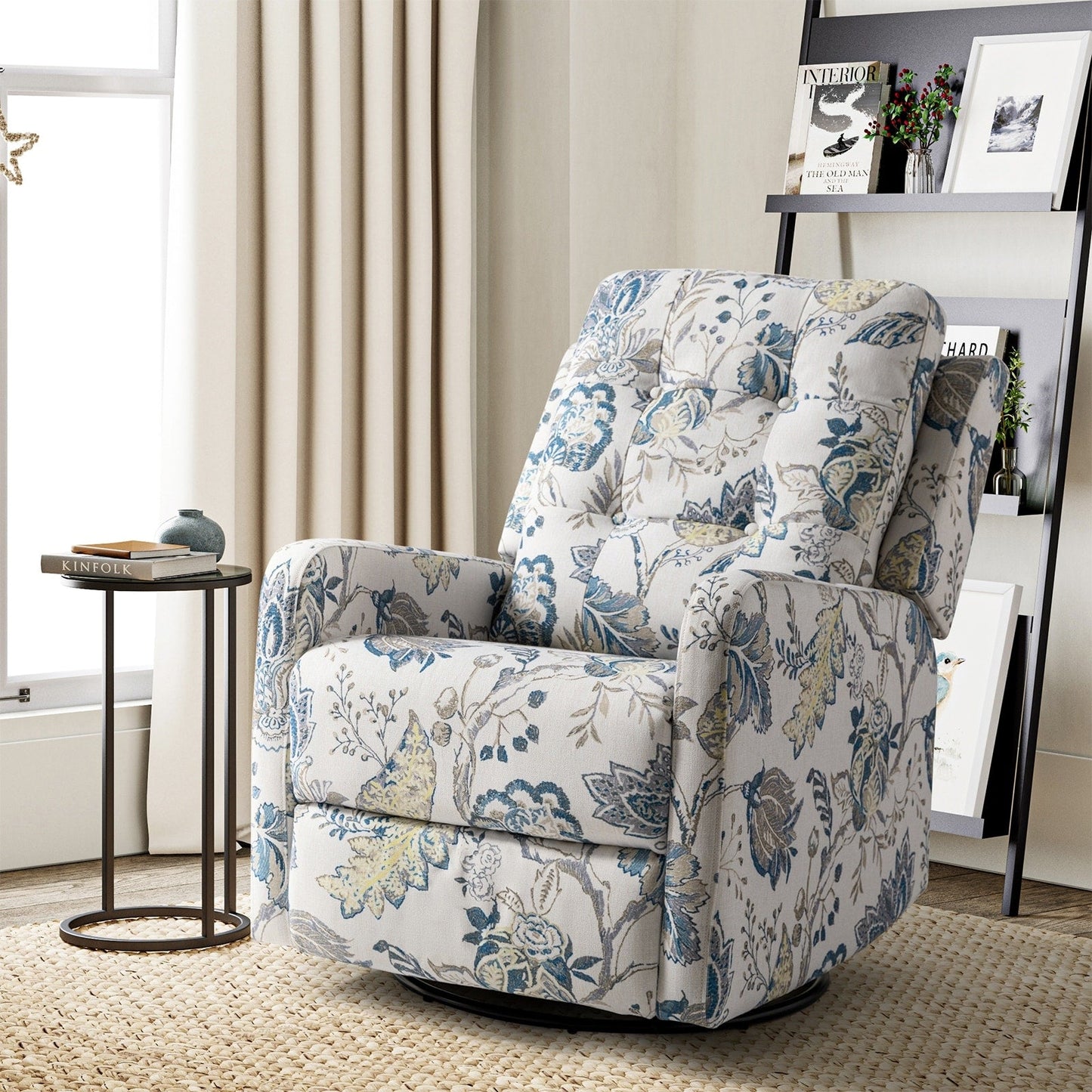 Arlette Contemporary Floral Manual Swivel Recliner with Tufted Back