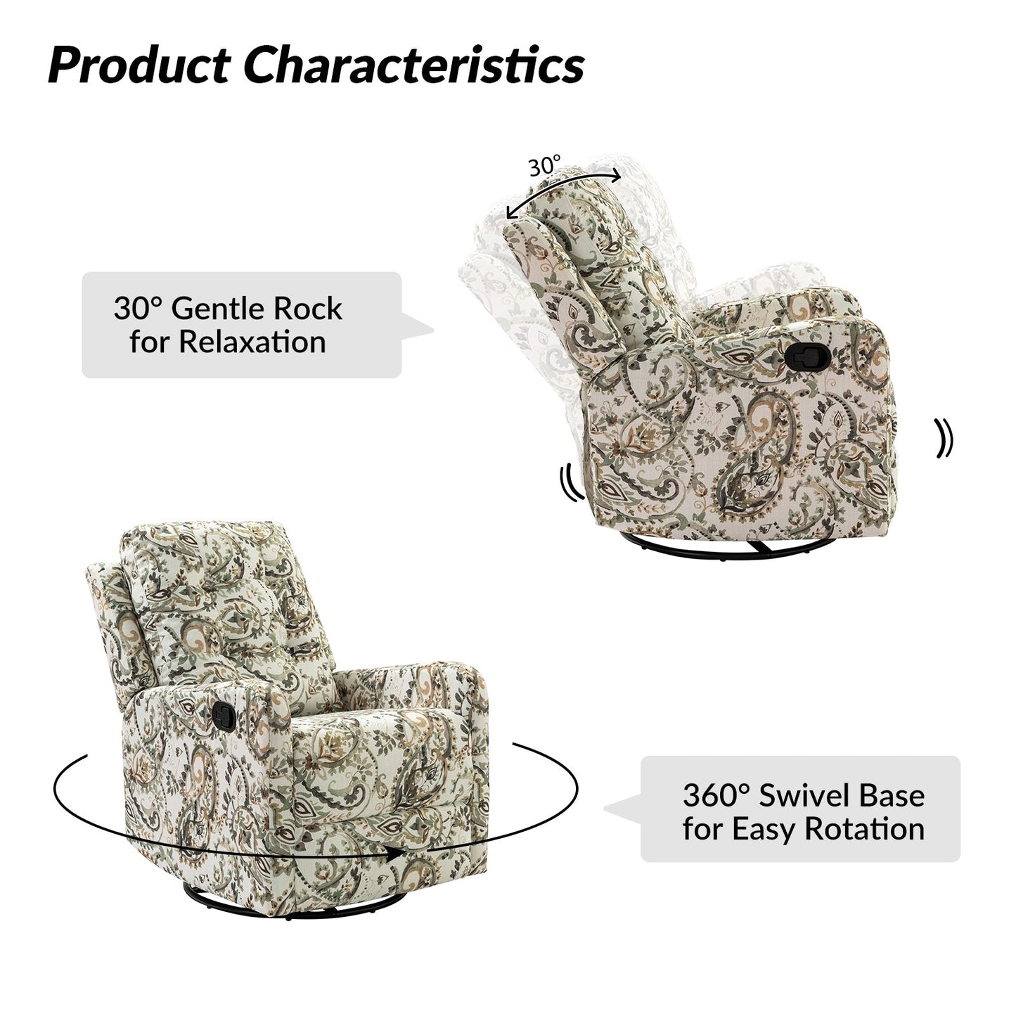Arlette Contemporary Floral Manual Swivel Recliner with Tufted Back