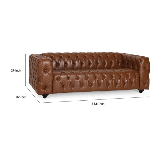 Arlo Sofa, Chesterfield Tufted Brown Faux Leather Upholstery, Black 84 Inch