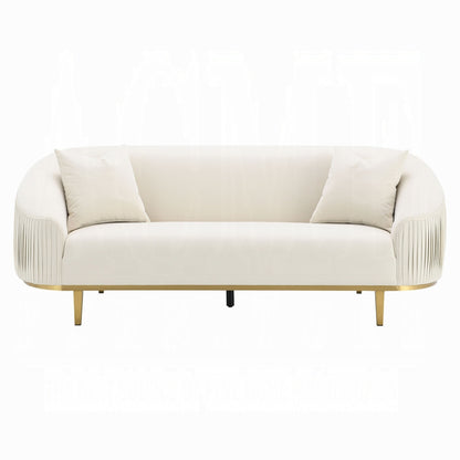 Artina Sofa, 2 Accent Throw Pillows, Ivory Velvet, Gold Metal, 89 Inch