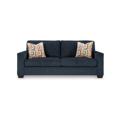 Avie Sofa, 2 Accent Pillows, 85 Inch, Black, Soft Navy Blue Polyester