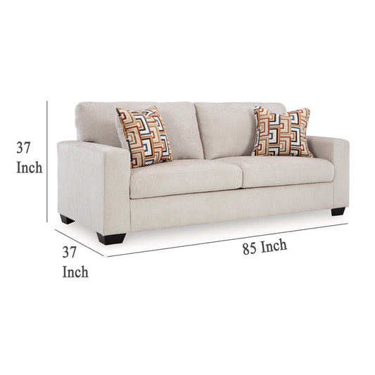 Avie Sofa, 2 Accent Pillows, 85 Inch, Soft White Ivory Polyester