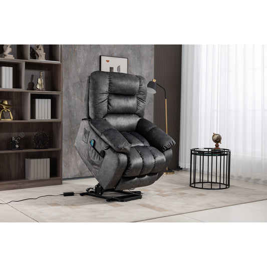 Beacon Grey Oversized Chenille Power Lift Recliner with 8 Point Massage and Lumbar Heating