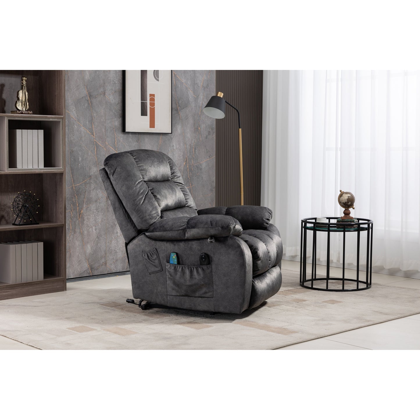 Beacon Grey Oversized Chenille Power Lift Recliner with 8 Point Massage and Lumbar Heating