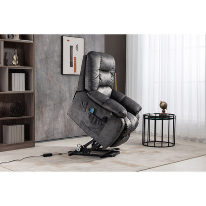 Beacon Grey Oversized Chenille Power Lift Recliner with 8 Point Massage and Lumbar Heating