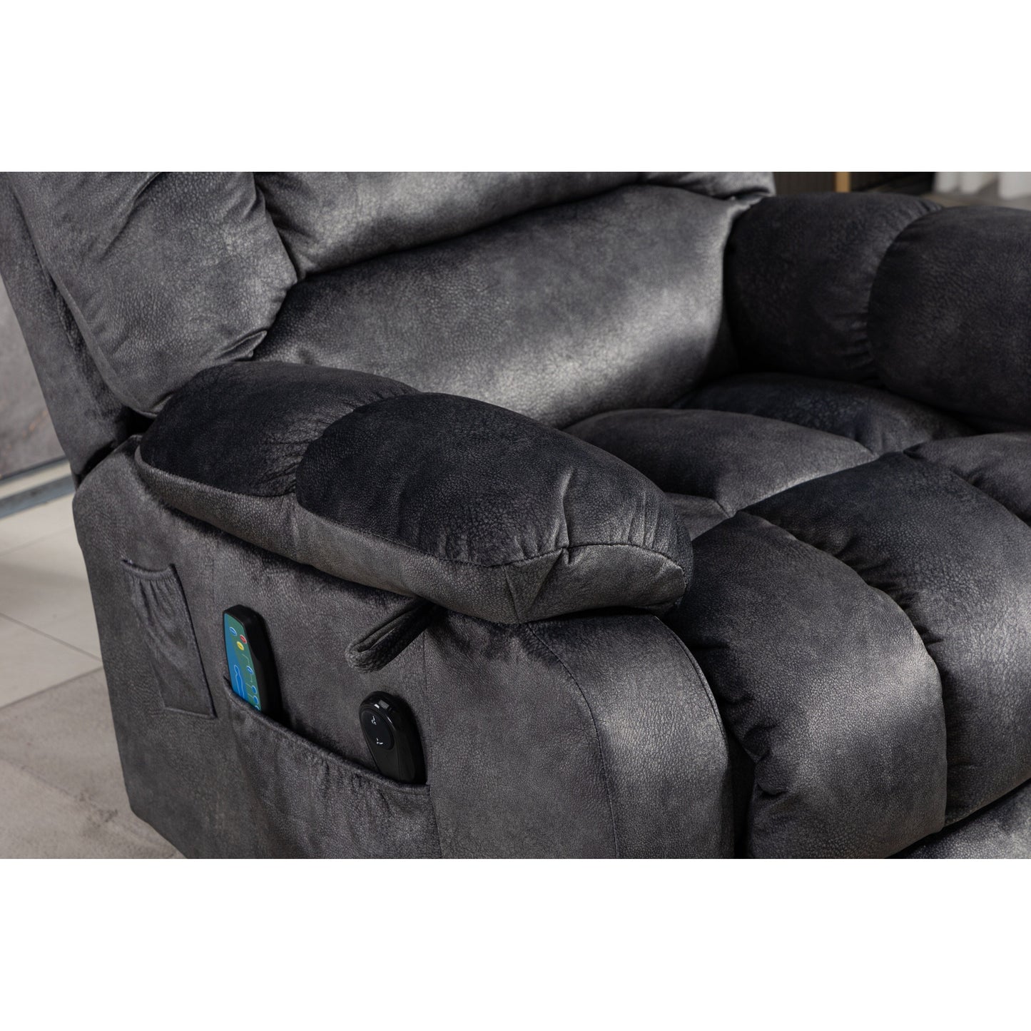 Beacon Grey Oversized Chenille Power Lift Recliner with 8 Point Massage and Lumbar Heating