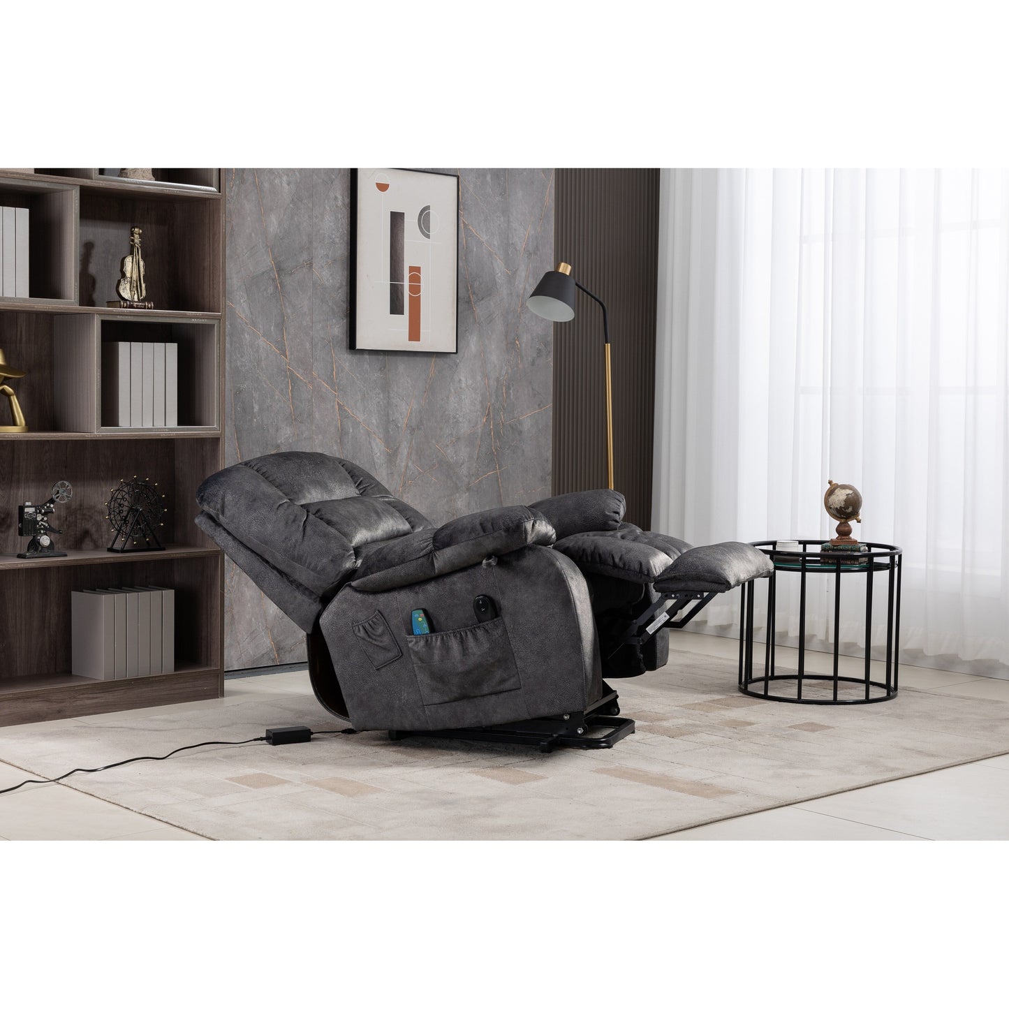 Beacon Grey Oversized Chenille Power Lift Recliner with 8 Point Massage and Lumbar Heating