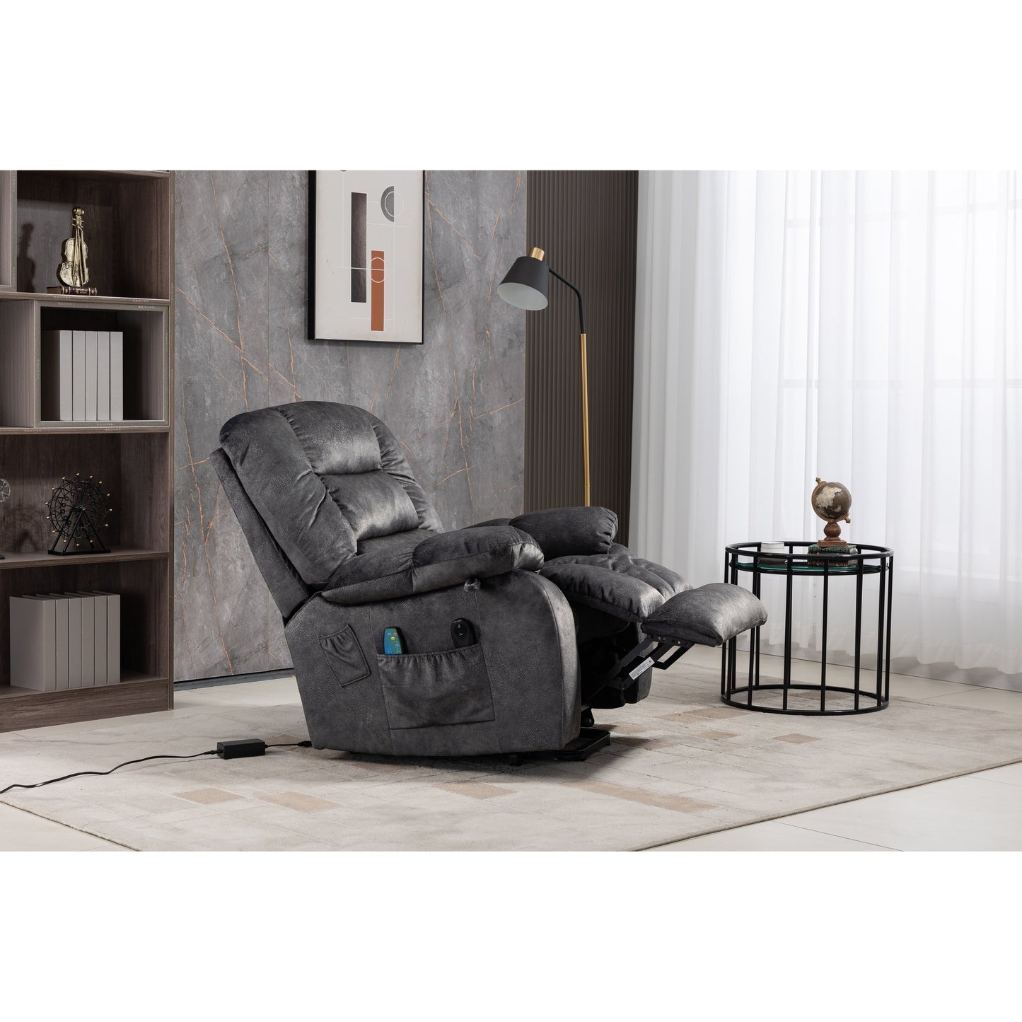 Beacon Grey Oversized Chenille Power Lift Recliner with 8 Point Massage and Lumbar Heating