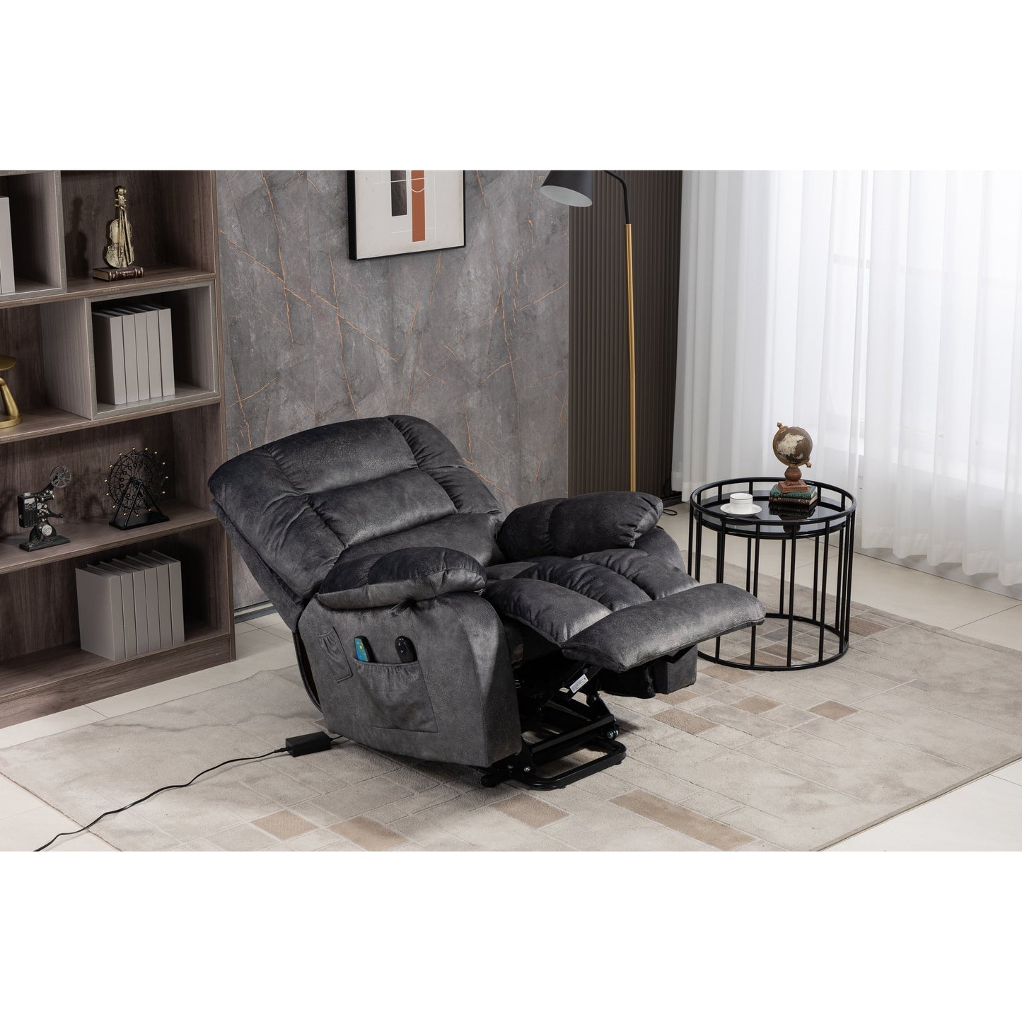 Beacon Grey Oversized Chenille Power Lift Recliner with 8 Point Massage and Lumbar Heating