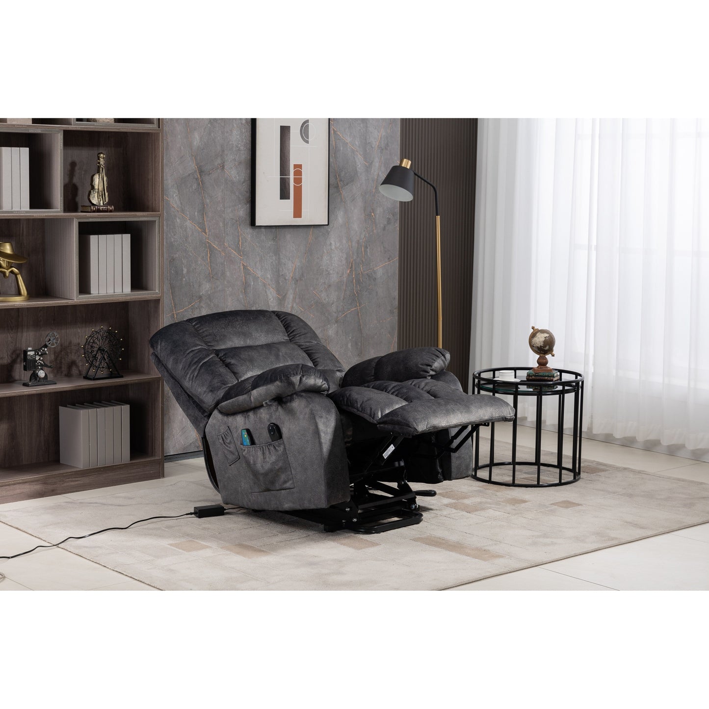 Beacon Grey Oversized Chenille Power Lift Recliner with 8 Point Massage and Lumbar Heating