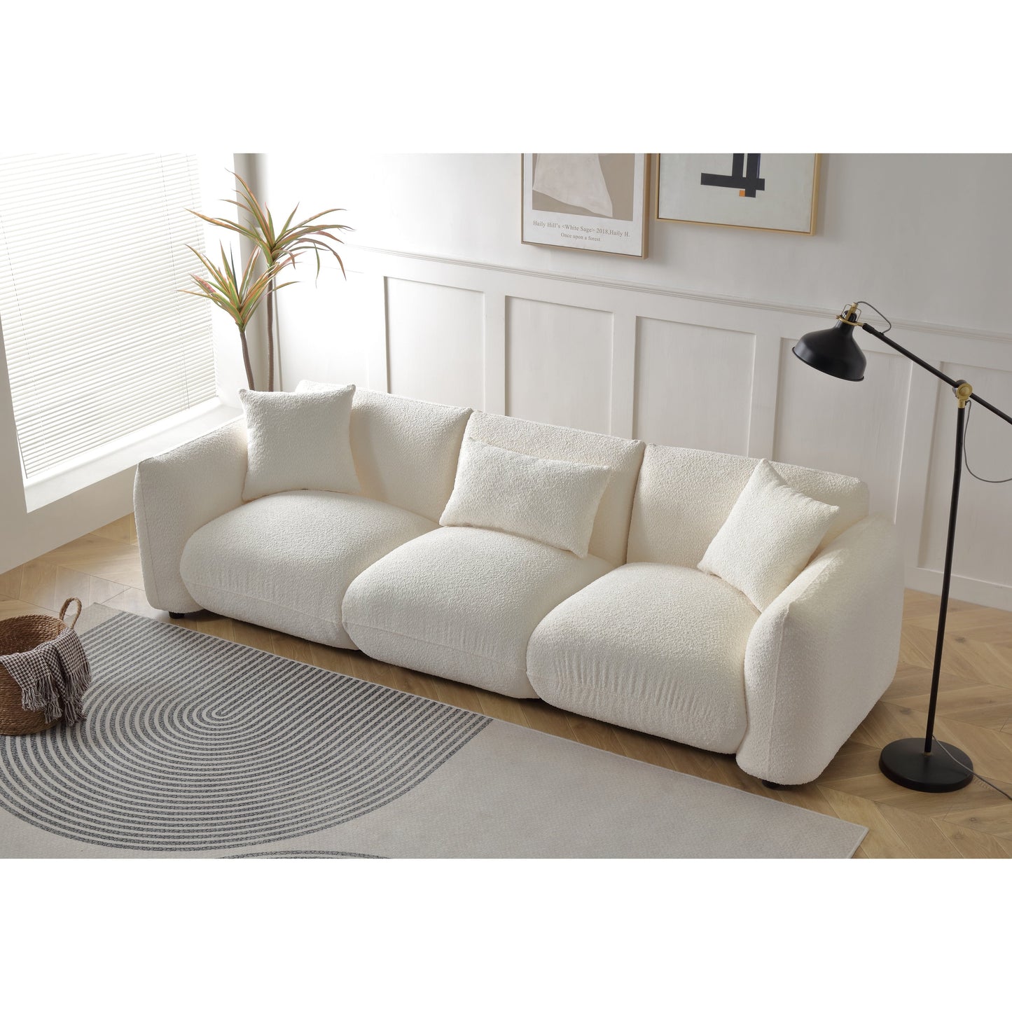 Beige 102.36'' Boucle Fabric Sofa with Pillows and Thick Cushion