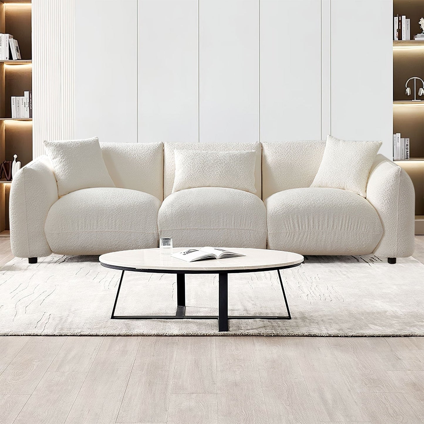 Beige 102.36'' Boucle Fabric Sofa with Pillows and Thick Cushion