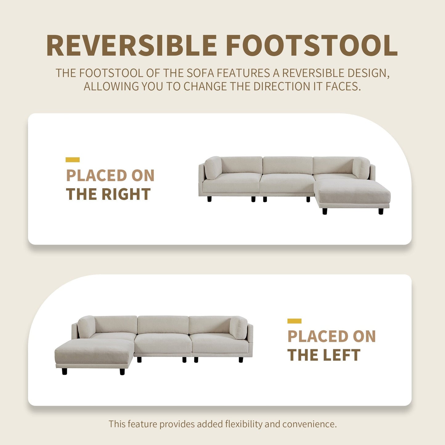 Beige 102.4 L-Shaped Polyester Sectional Sofa with Reversible Footstool, Thick Cushions, and Plastic Legs