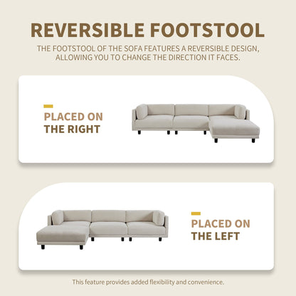 Beige 102.4 L-Shaped Polyester Sectional Sofa with Reversible Footstool, Thick Cushions, and Plastic Legs