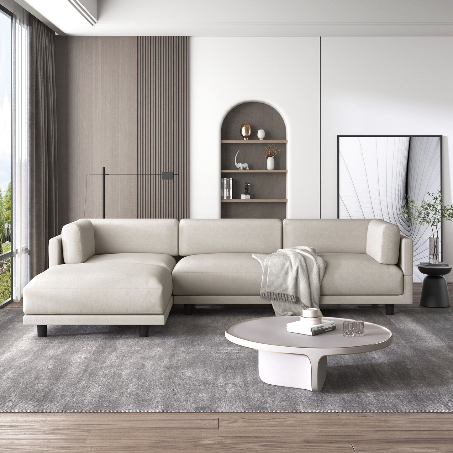 Beige 102.4 L-Shaped Polyester Sectional Sofa with Reversible Footstool, Thick Cushions, and Plastic Legs
