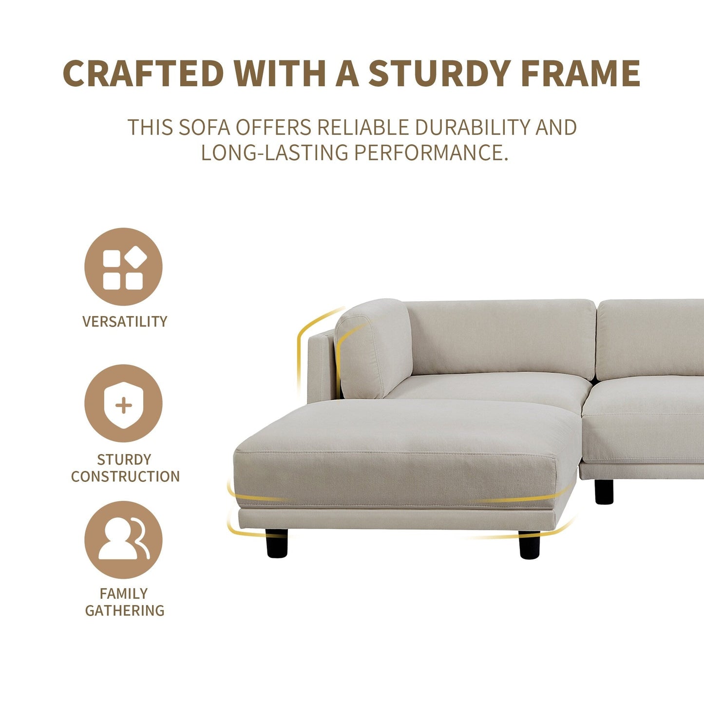 Beige 102.4 Polyester L-Shaped Sectional Sofa with Reversible Footstool, Thick Cushions, and Durable Plastic Legs