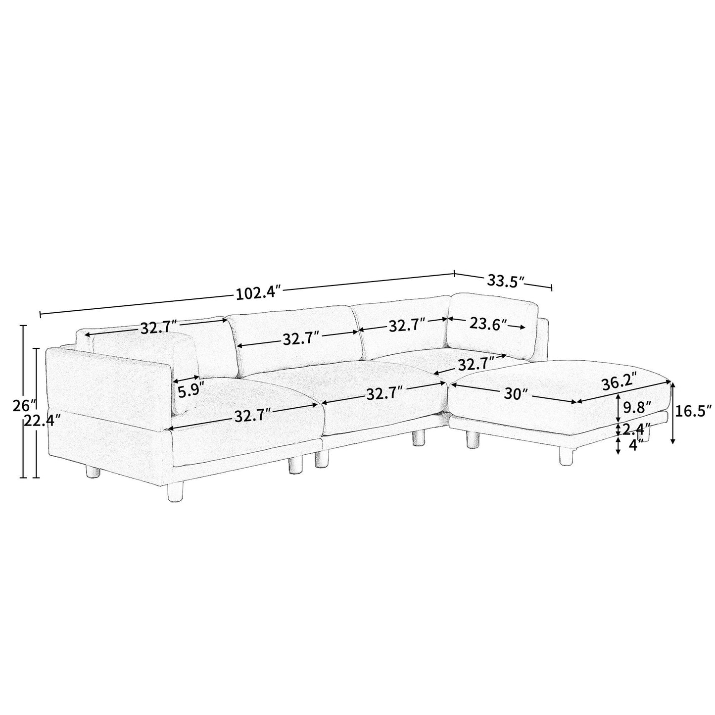 Beige 102.4 Polyester L-Shaped Sectional Sofa with Reversible Footstool, Thick Cushions, and Durable Plastic Legs