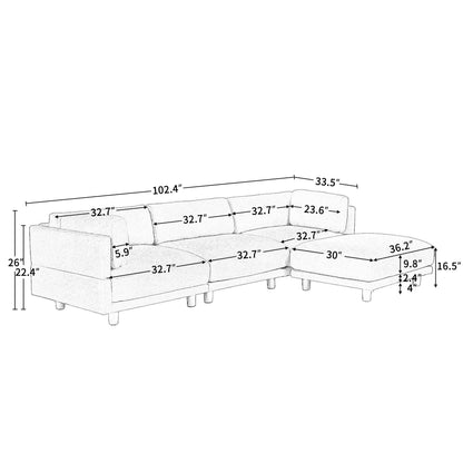 Beige 102.4 Polyester L-Shaped Sectional Sofa with Reversible Footstool, Thick Cushions, and Durable Plastic Legs
