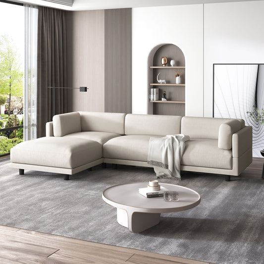 Beige 102.4 Polyester L-Shaped Sectional Sofa with Reversible Footstool, Thick Cushions, and Durable Plastic Legs