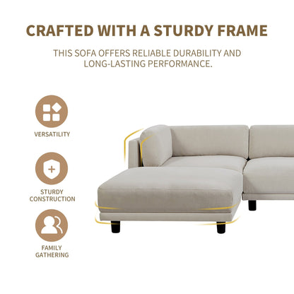 Beige 102.4'' L-Shaped Polyester Sectional Sofa with Reversible Footstool and Durable Legs