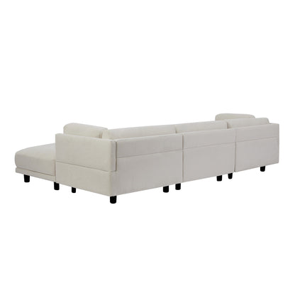 Beige 102.4'' L-Shaped Polyester Sectional Sofa with Reversible Footstool and Durable Legs