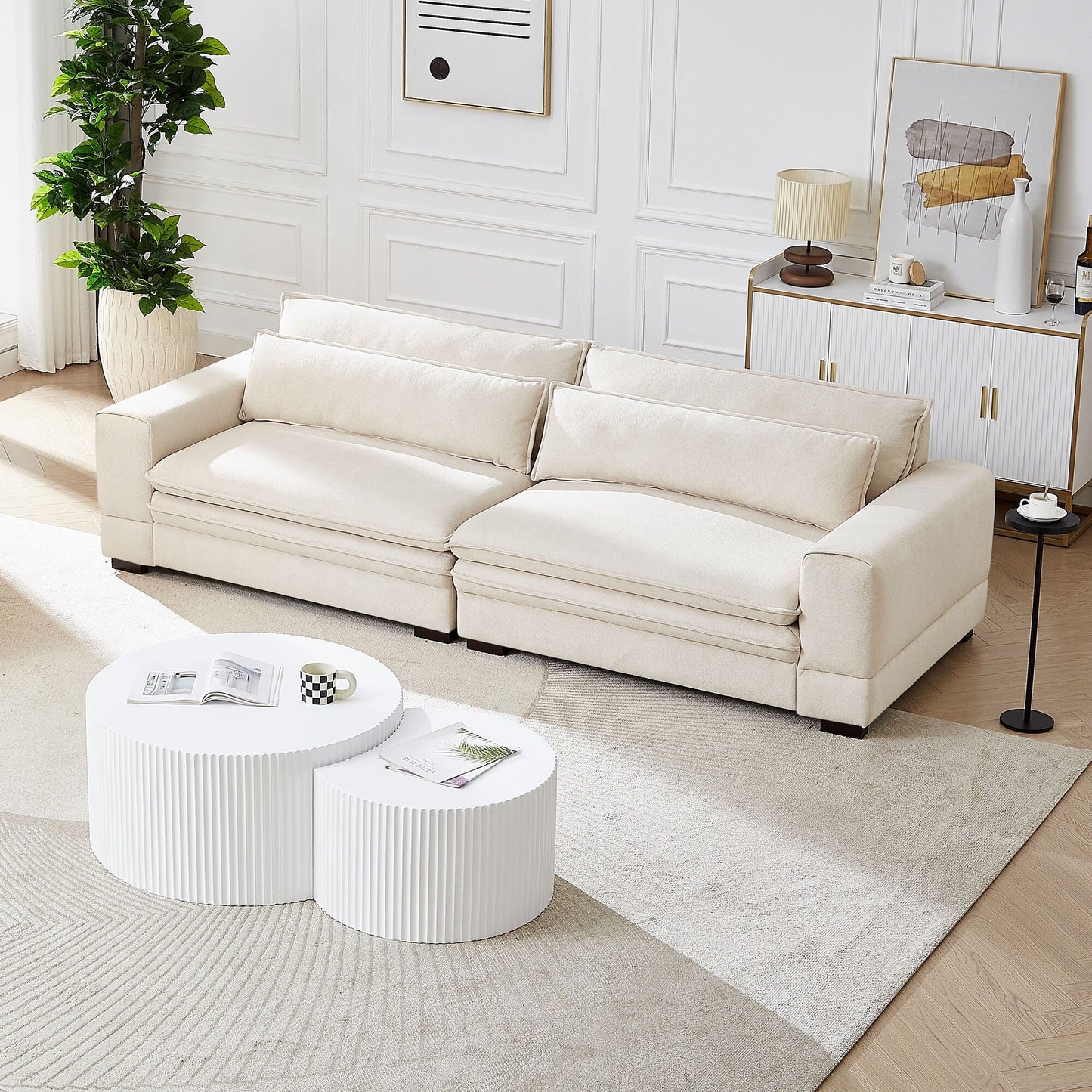 Beige 104.72 Contemporary Fabric 4-Seater Couch with Cushioned Back, Sturdy Wooden Legs for Living Room