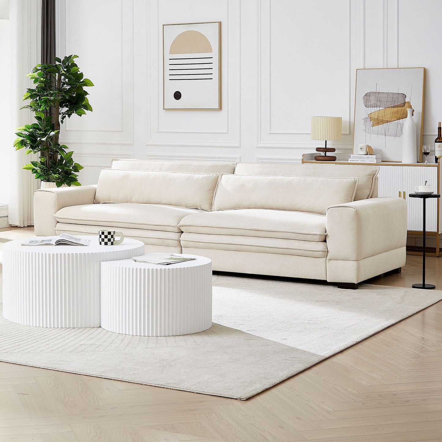 Beige 104.72 Contemporary Fabric Sofa with Solid Wood Legs, Sleek Design for Living Room, Office, or Apartment