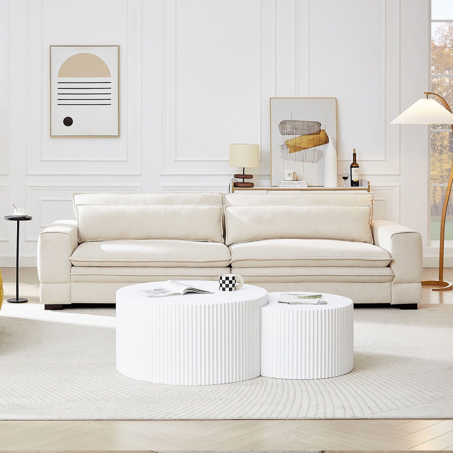 Beige 104.72 Modern Fabric 4 Seater Sofa Couch with Cushion Back, Solid Wood Legs, Sturdy Frame, for Living Room